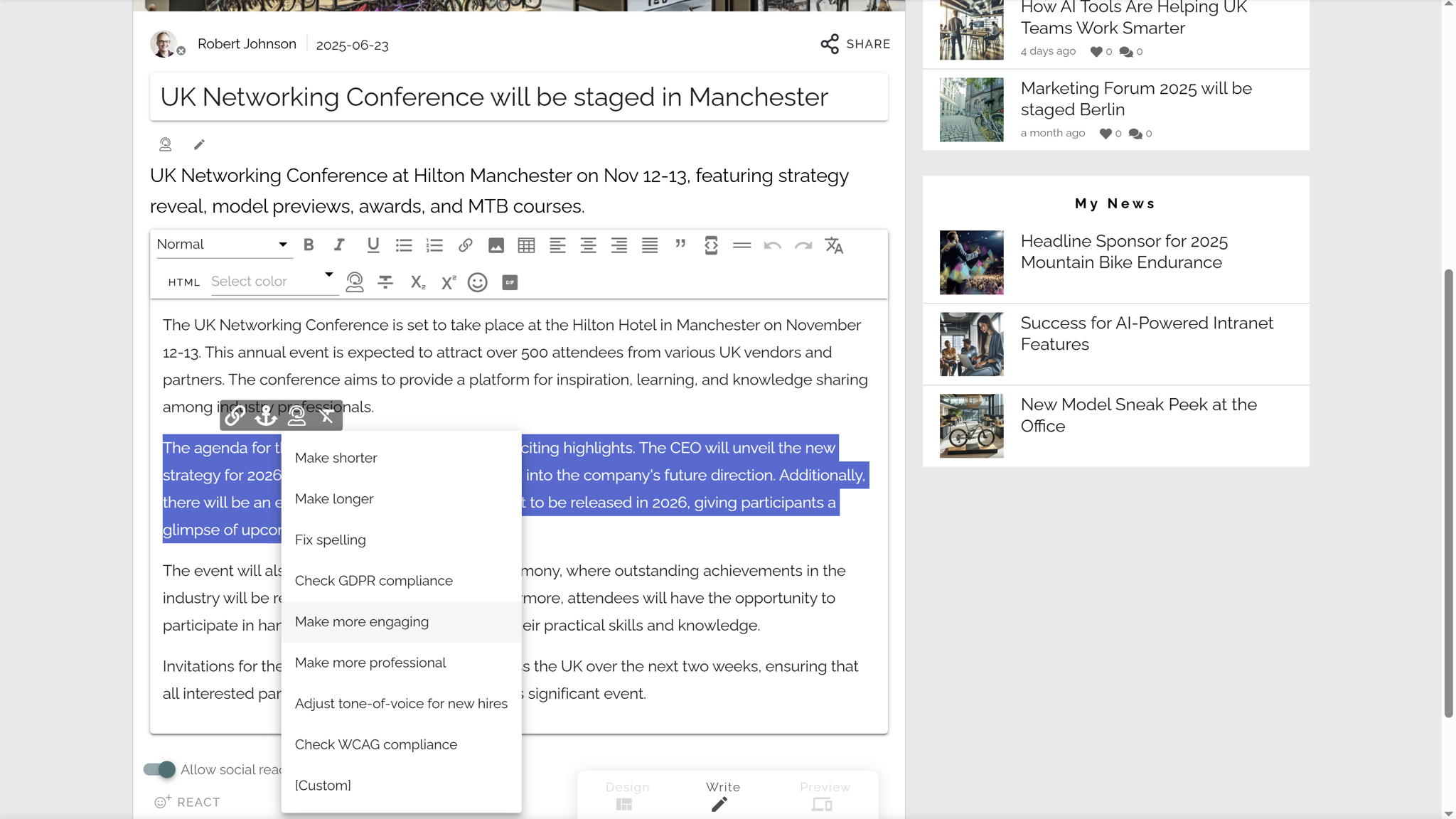 AI features in intranet using intelligent editing prompts to refine tone, clarity, and structure.