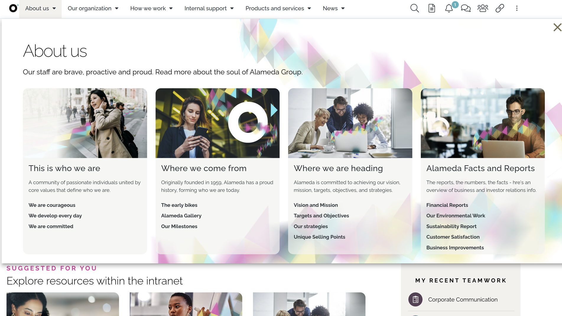 Intranet navigation management with visual menus and governance controls for consistent user experience