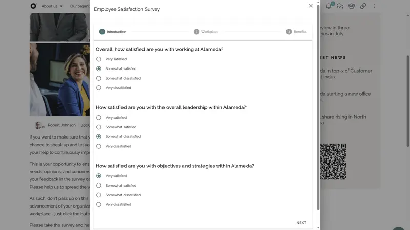 Internal communication intranet showing managers collecting feedback through employee satisfaction surveys.