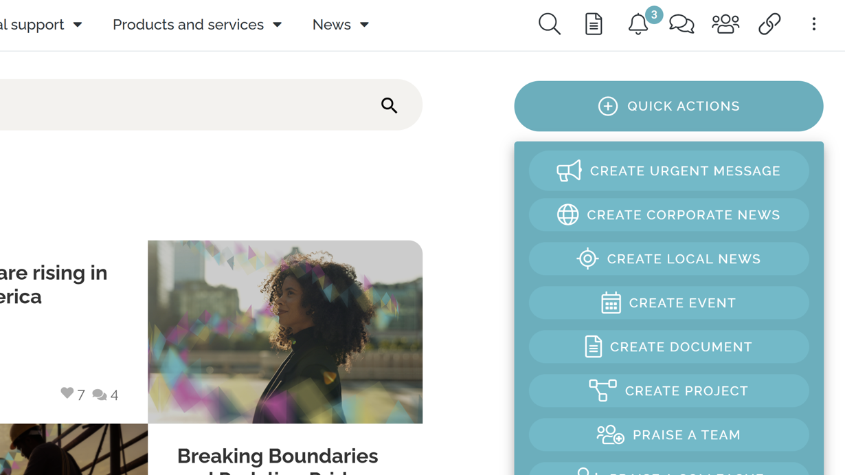 Intranet homepage example with action menu for recurring tasks like document creation and requests.