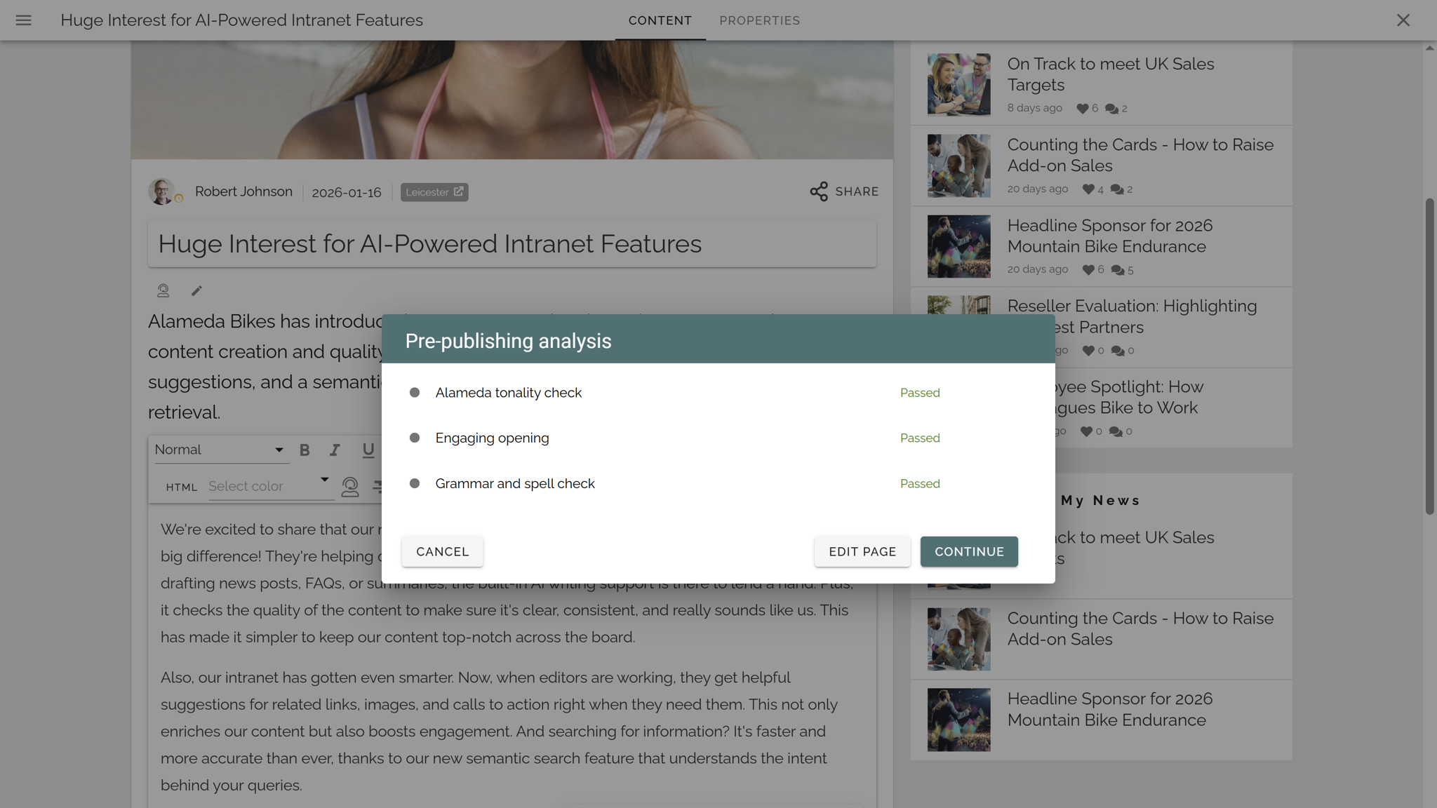 Intranet governance workflow with publishing policies and quality checks for decentralised content authors