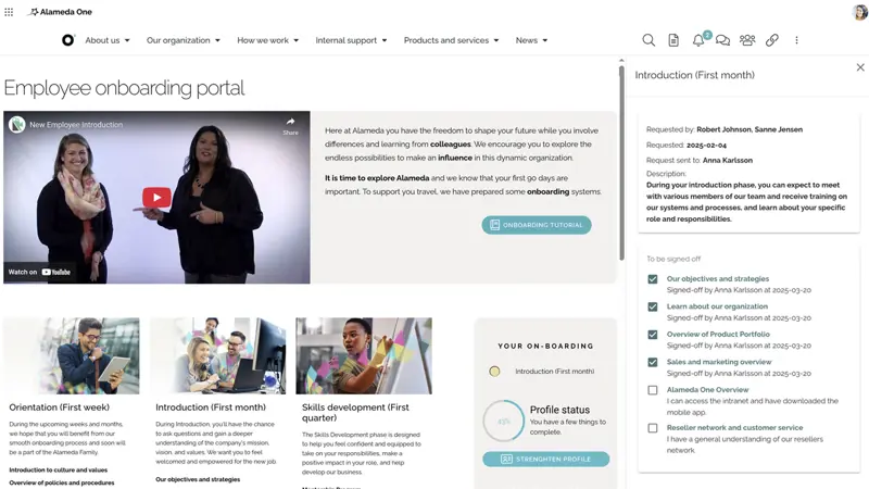 Intranet benefits for onboarding shown through a structured intranet onboarding portal with tasks and schedules.