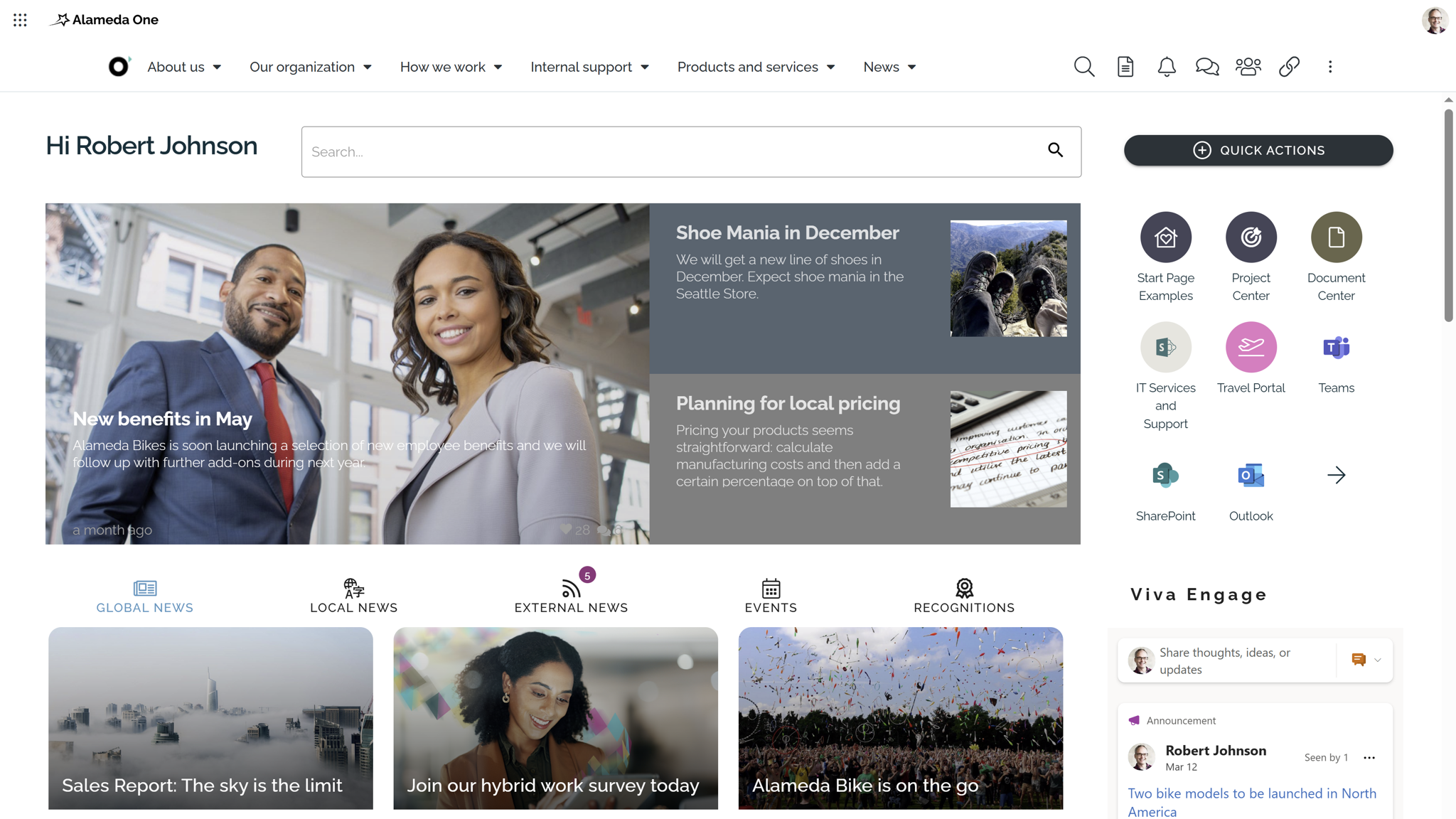 Intranet benefits: Modern intranet homepage showing key intranet benefits such as centralized communication, news, events, and collaboration tools.