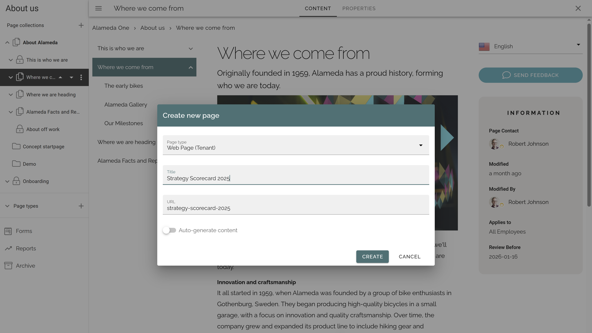 Intranet benefits for scalability shown through easy creation of new intranet pages and sections.
