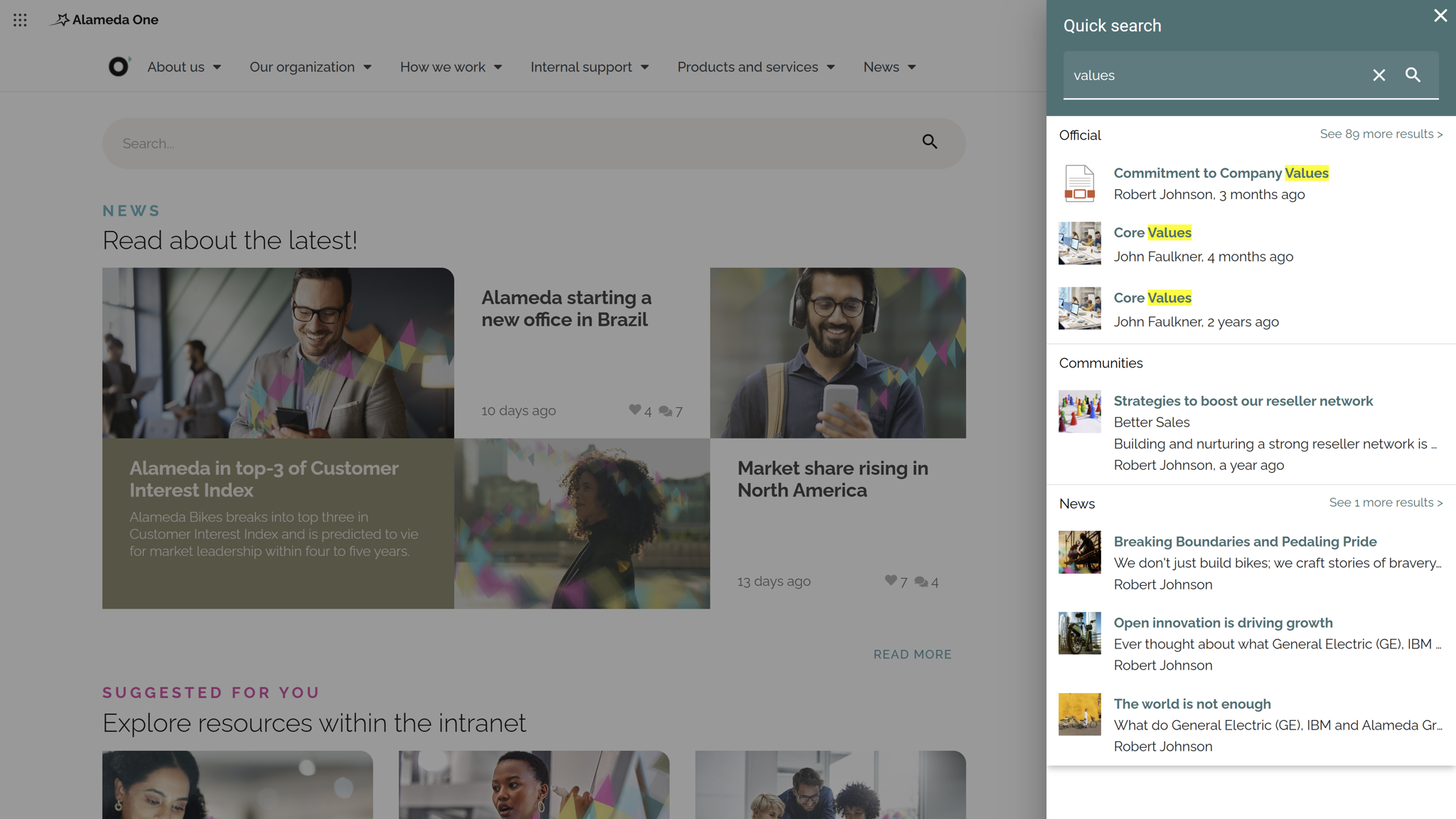 Intranet Quick search provides a limited number of search hits per defined categories.