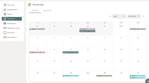 Editorial planning calendar in an intranet platform used by internal communications teams to schedule news