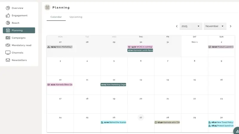 Editorial planning calendar in an intranet platform used by internal communications teams to schedule news