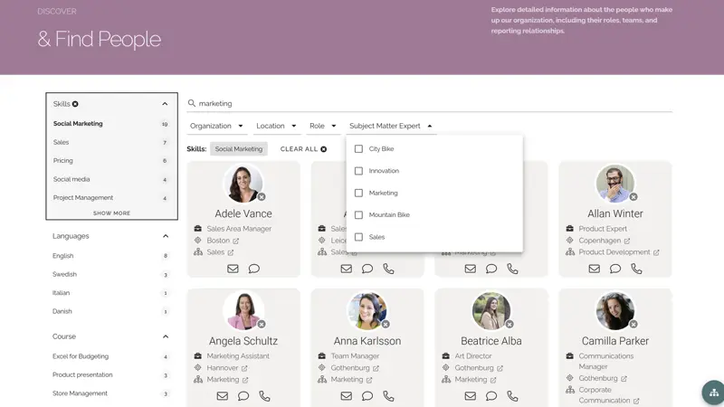 Microsoft 365 intranet search results page with refiners and colleague search.