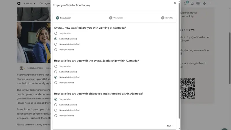 HR intranet example page featuring employee voice and engagement tools