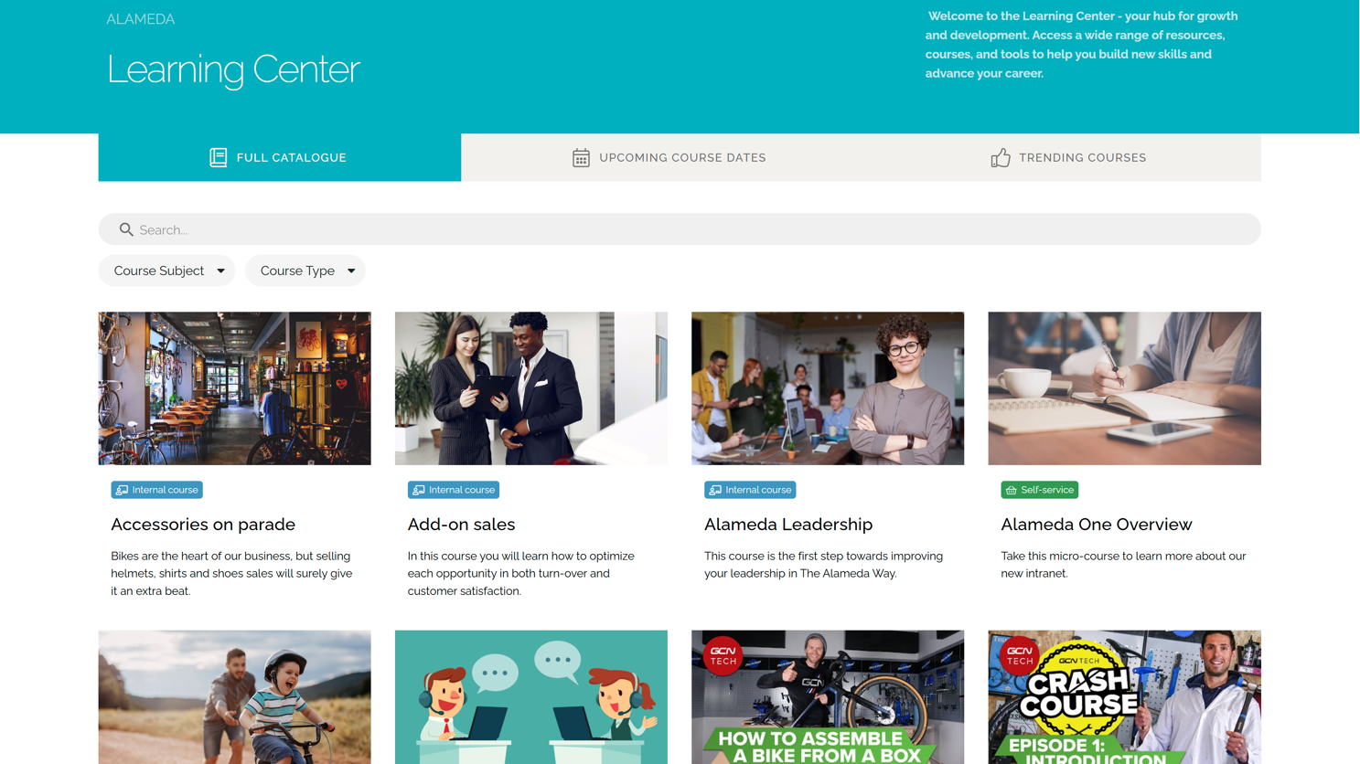 Intranet Learning Center interface displaying course listings and search functionality.