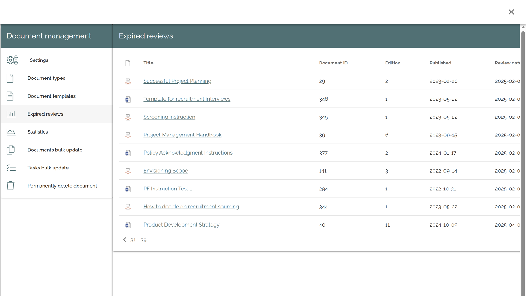 SharePoint Intranet Example: Governance dashboard displaying overdue business documents and content owners.