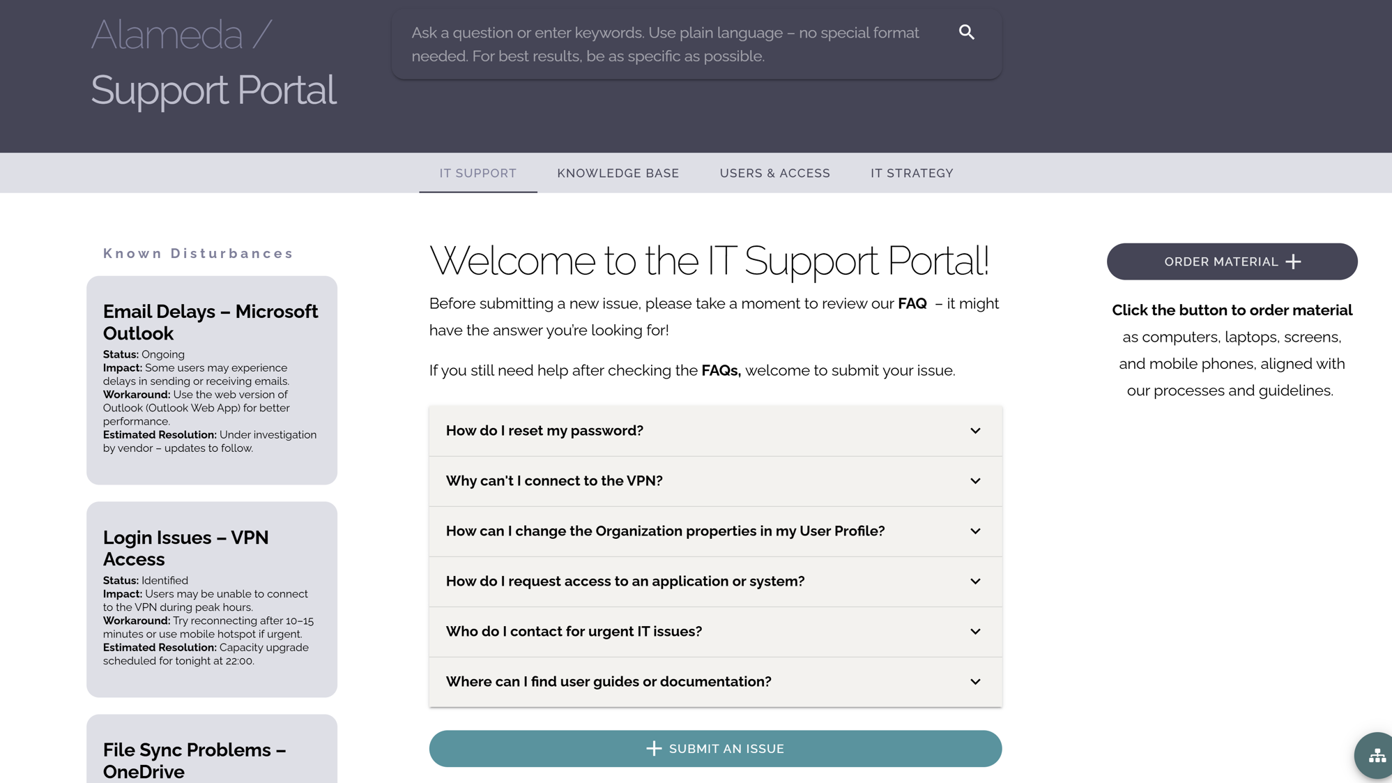 Intranet portal for IT Services showing FAQs, a structured knowledge base, and options to report or track technical issues.