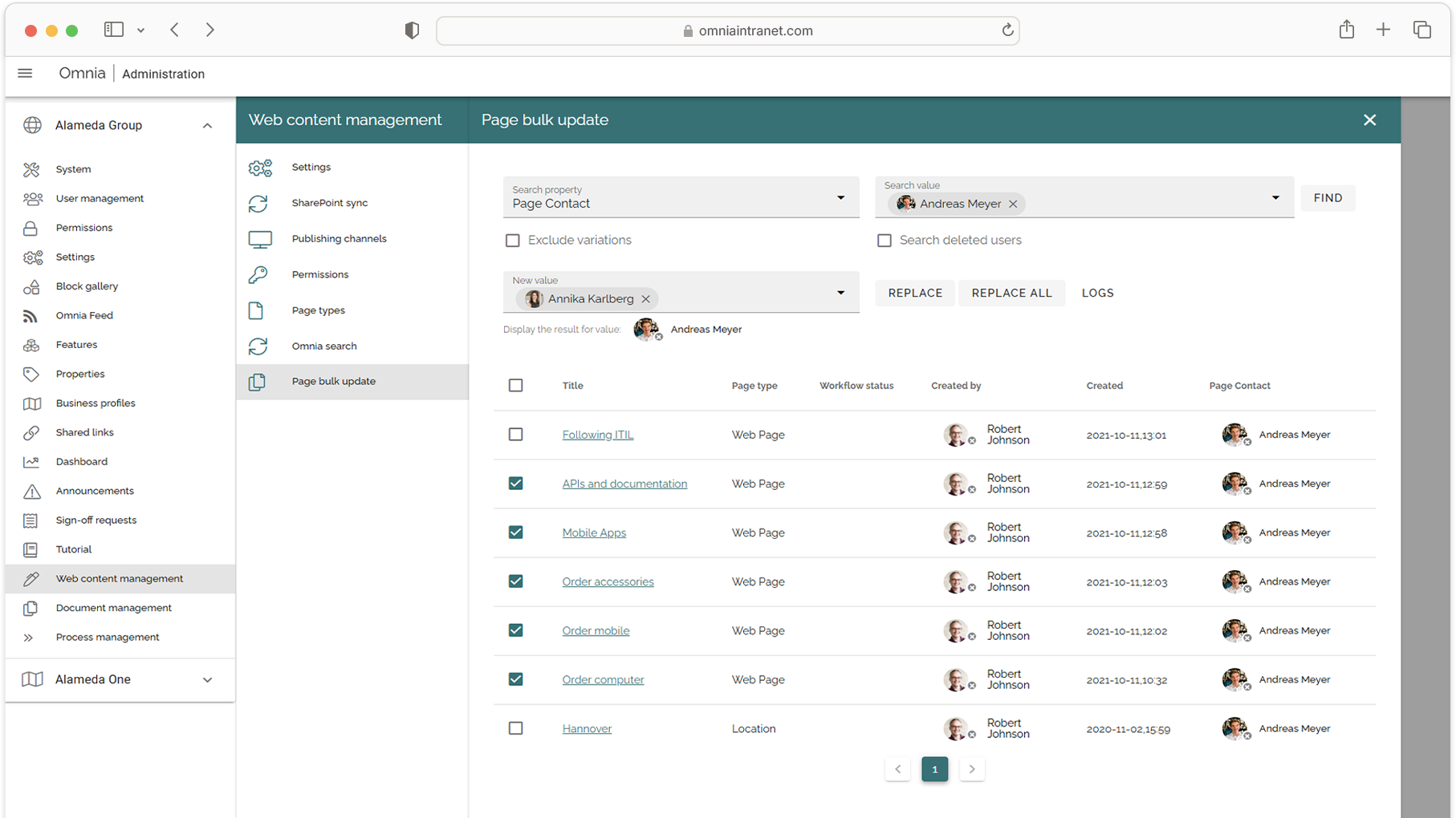 Page Bulk Update - Reassign or retag multiple pages in one step—streamlining content ownership and reducing risk.