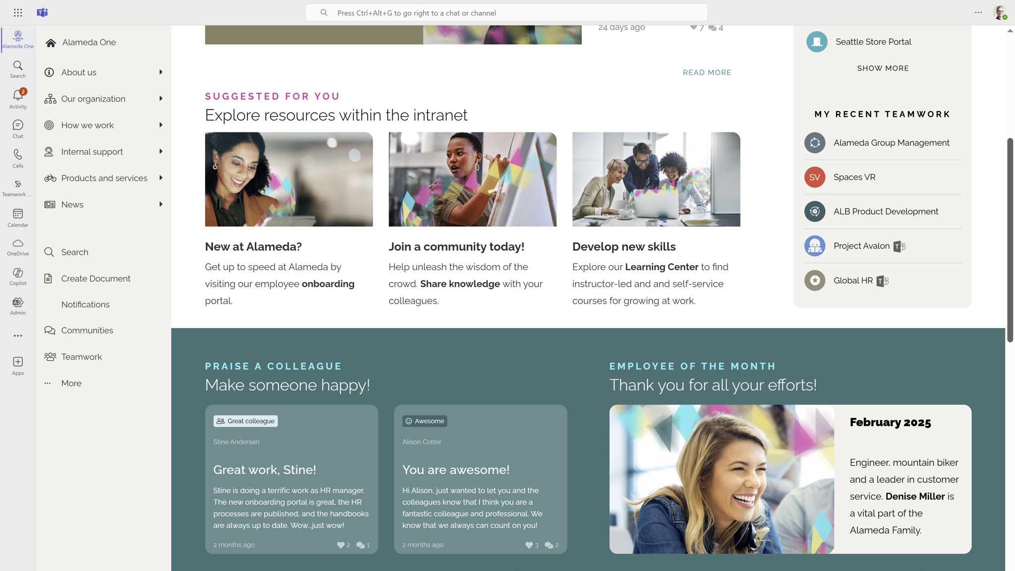 SharePoint Intranet Example: Integrated SharePoint intranet experience running inside Microsoft Teams interface.