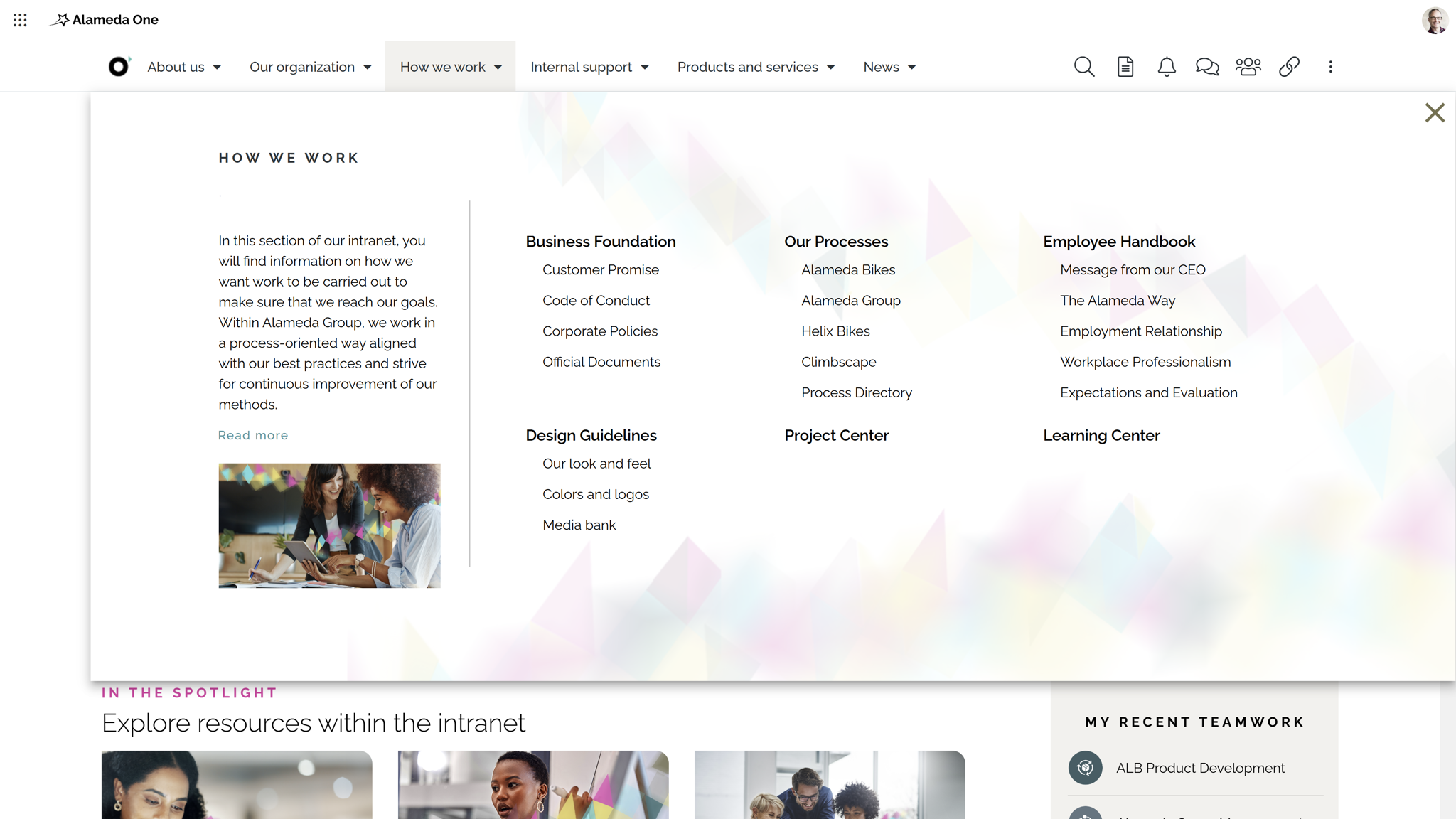 Traditional mega menu shown as one of several intranet navigation examples, offering a two-level overview of intranet pages and sections.