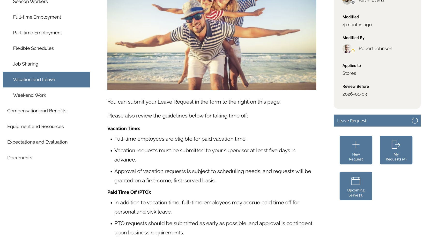 Intranet Design Example: Web page from intranet employee handbook offering guidance on submitting leave requests and managing HR tasks. Intranet Design Example: Web page from intranet employee handbook offering guidance on submitting leave requests and managing HR tasks.