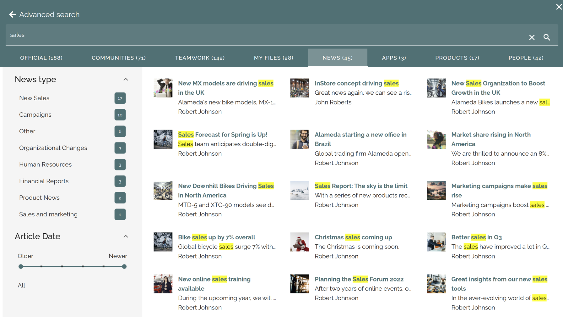 Viewing search hits within the intranet search category News in Advanced search mode.
