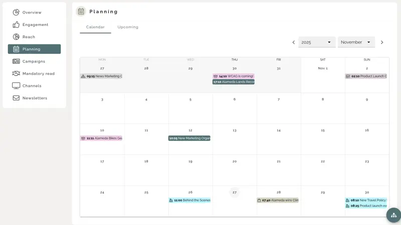 Alt text: Intranet communication idea illustrating a shared editorial calendar used to plan and align internal communication campaigns.