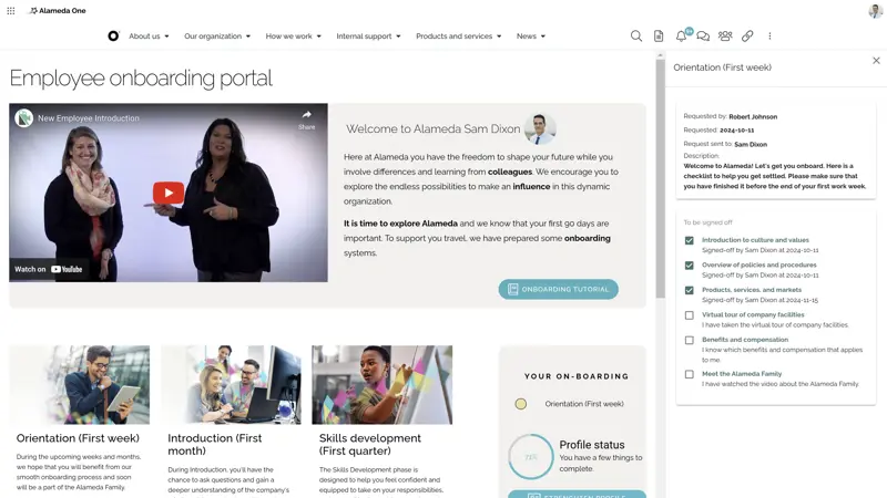 Intranet example of must-have intranet features with AI-powered notifications and task management for onboarding consistency.