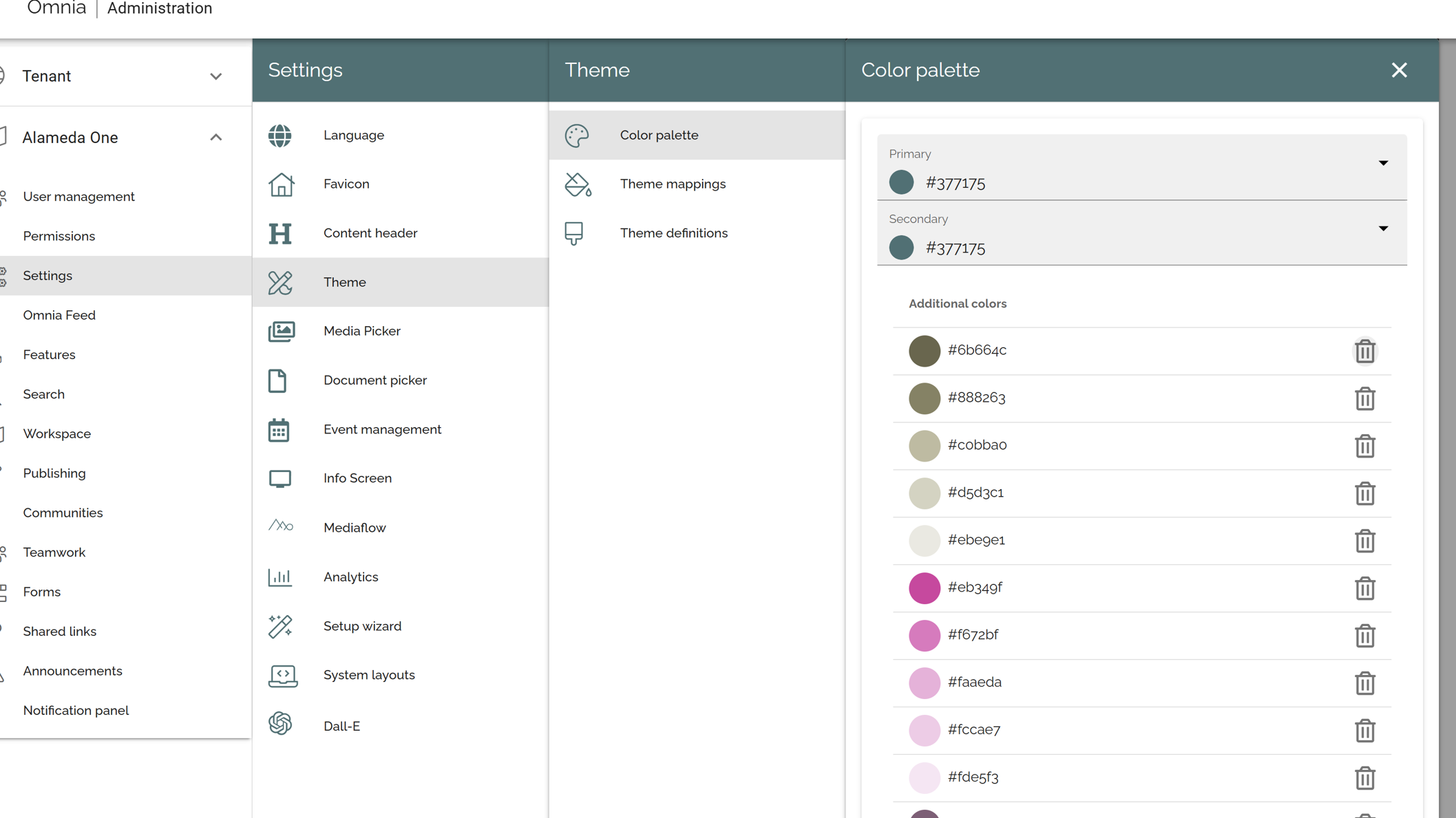 Company Intranet Example: Intranet admin panel displaying layout configuration and design settings for governance control.
