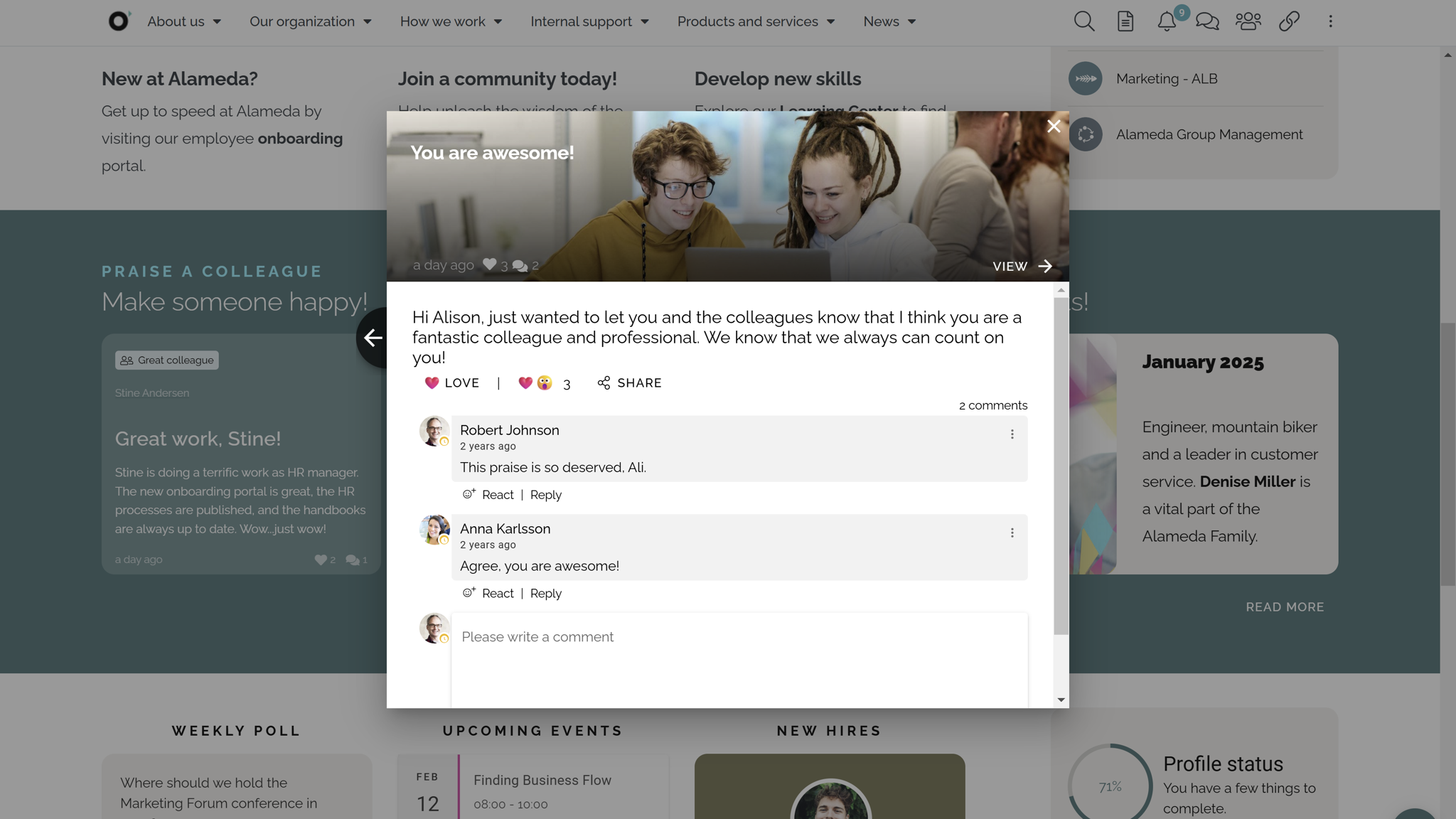 HR Intranet Best Practice: Employee engagement software with peer recognition features celebrates achievements and strengthens workplace culture.