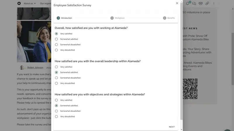 HR Intranet Best Practice: Employee engagement software with polls and surveys captures employee feedback and strengthens engagement.