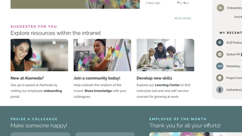Intranet AI example: Surfacing personalized content on a homepage to provide a relevant experience.