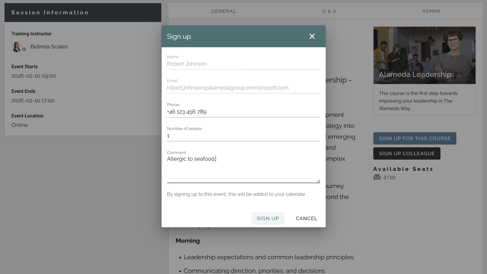Employee service delivered through the intranet with event registration and integration to Outlook and Microsoft Teams.
