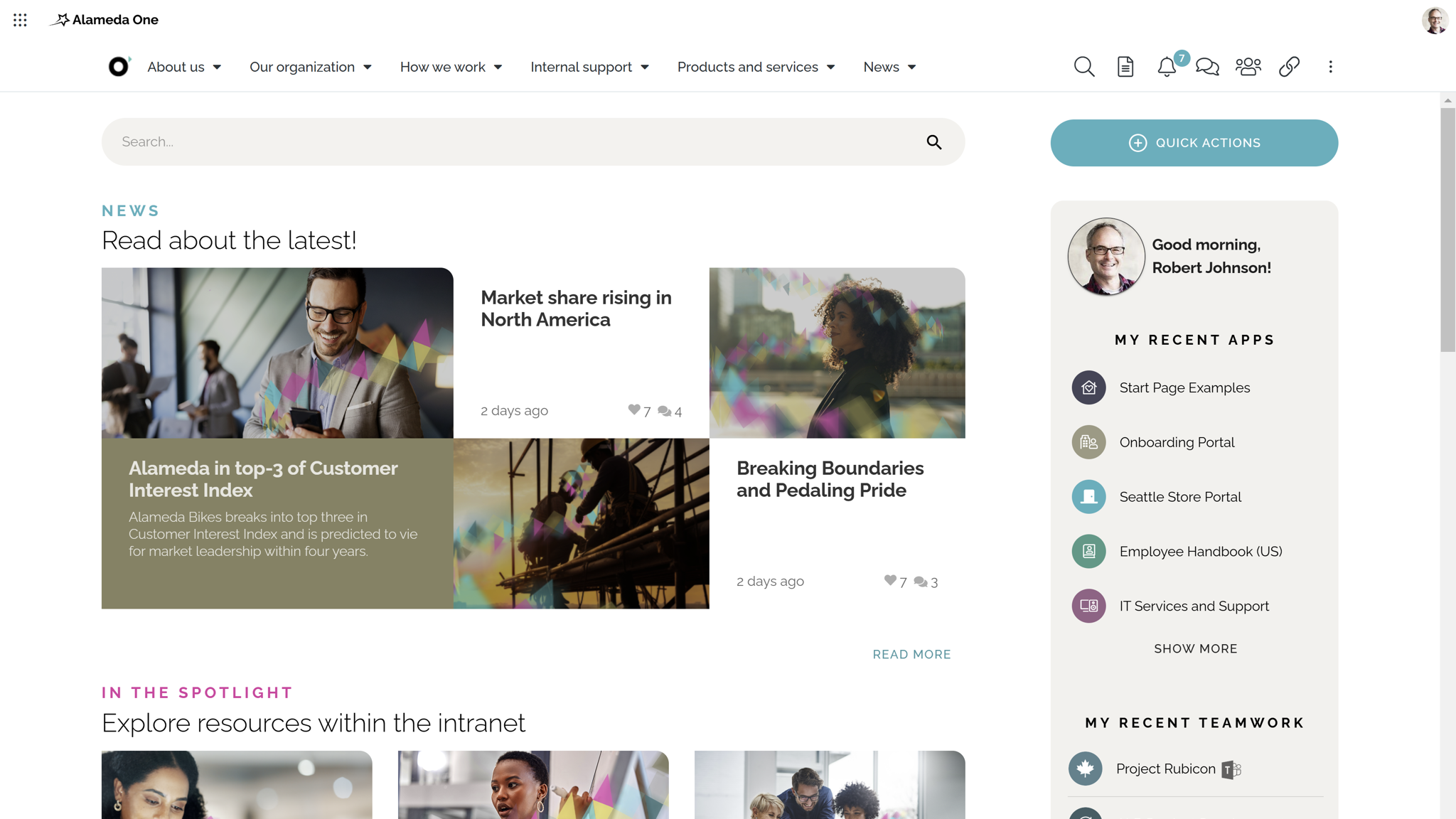 Cloud based intranet start page example with personalized content, navigation, and employee tools.