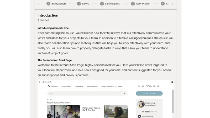 Intranet Homepage Example: Intranet homepage idea with guided tutorials and interactive micro-courses for onboarding.