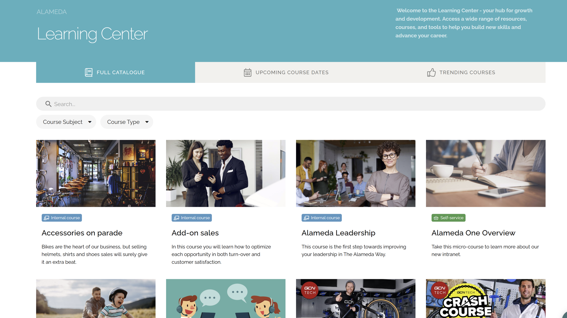 Intranet website example with learning and development courses, dashboards, and progress tracking.