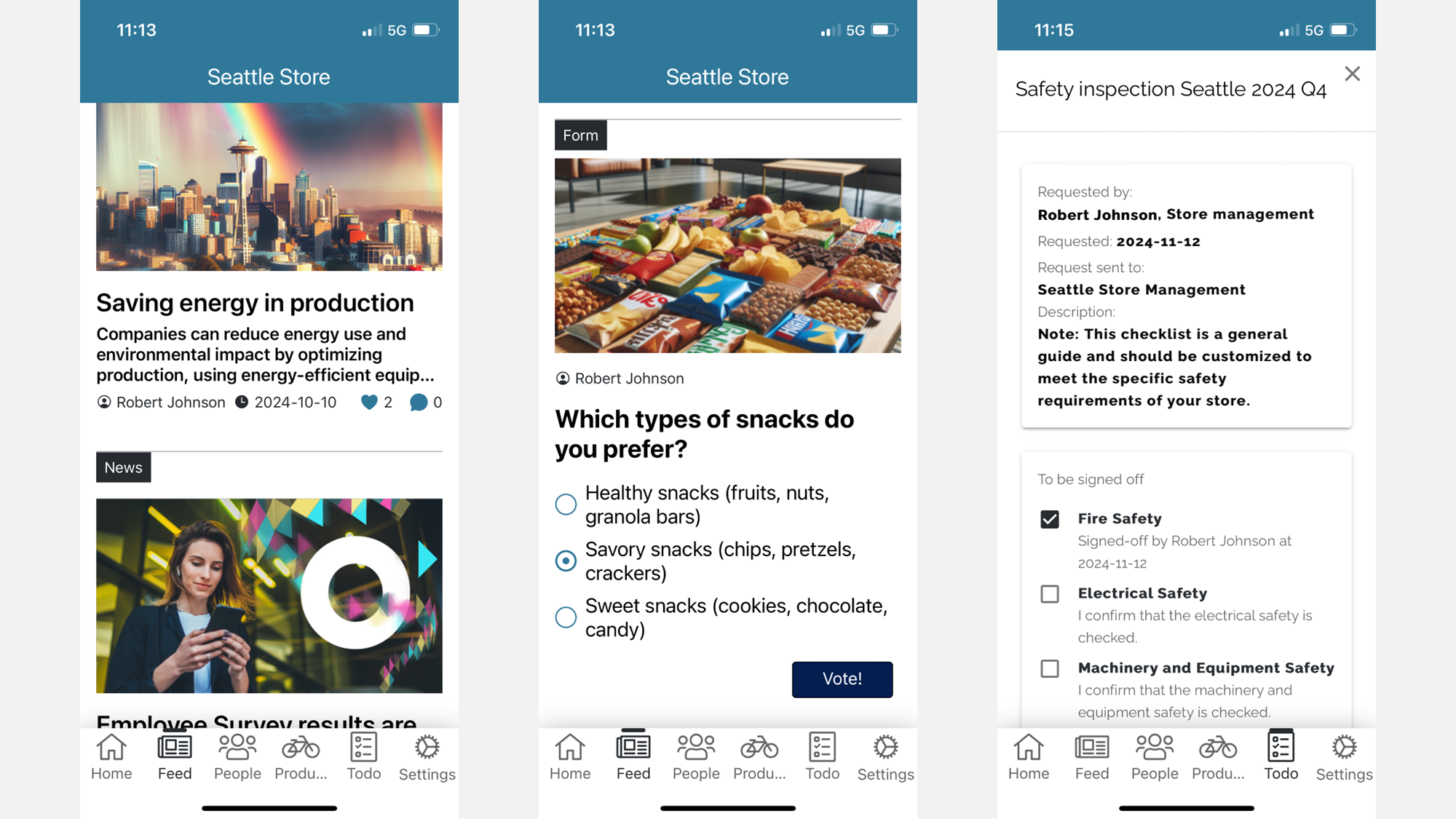 Mobile intranet app showing a personalized news feed, quick polls, and task completion features for frontline employees.