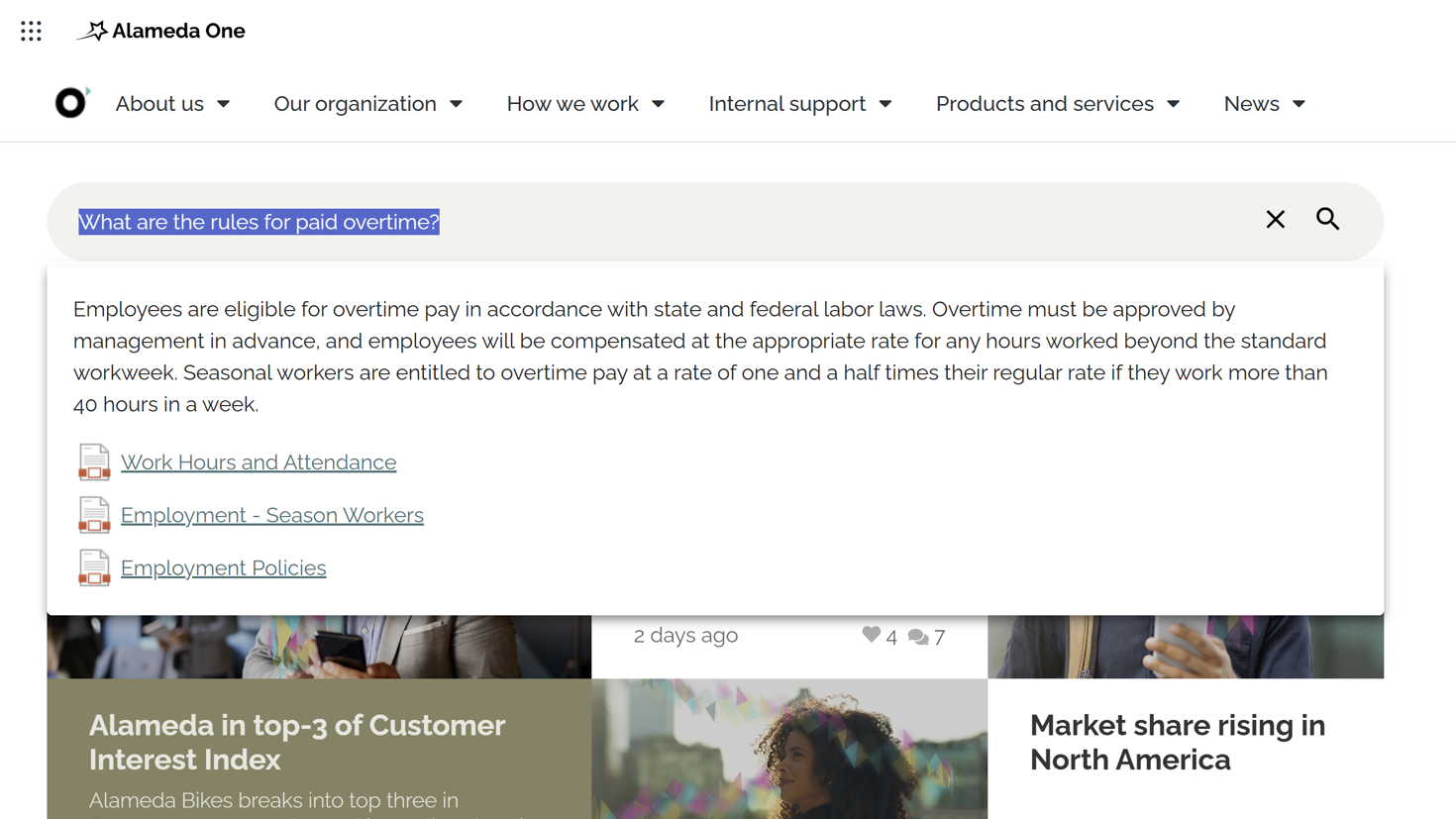 Intranet homepage featuring semantic AI search bar and dynamic search suggestions designed to improve intranet search accuracy and usability.