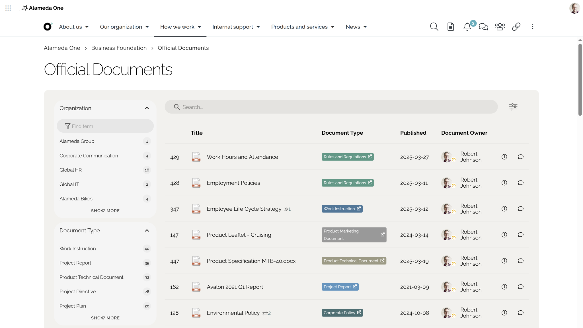 SharePoint intranet example: Intranet policy management hub with categorized, governed business documents.