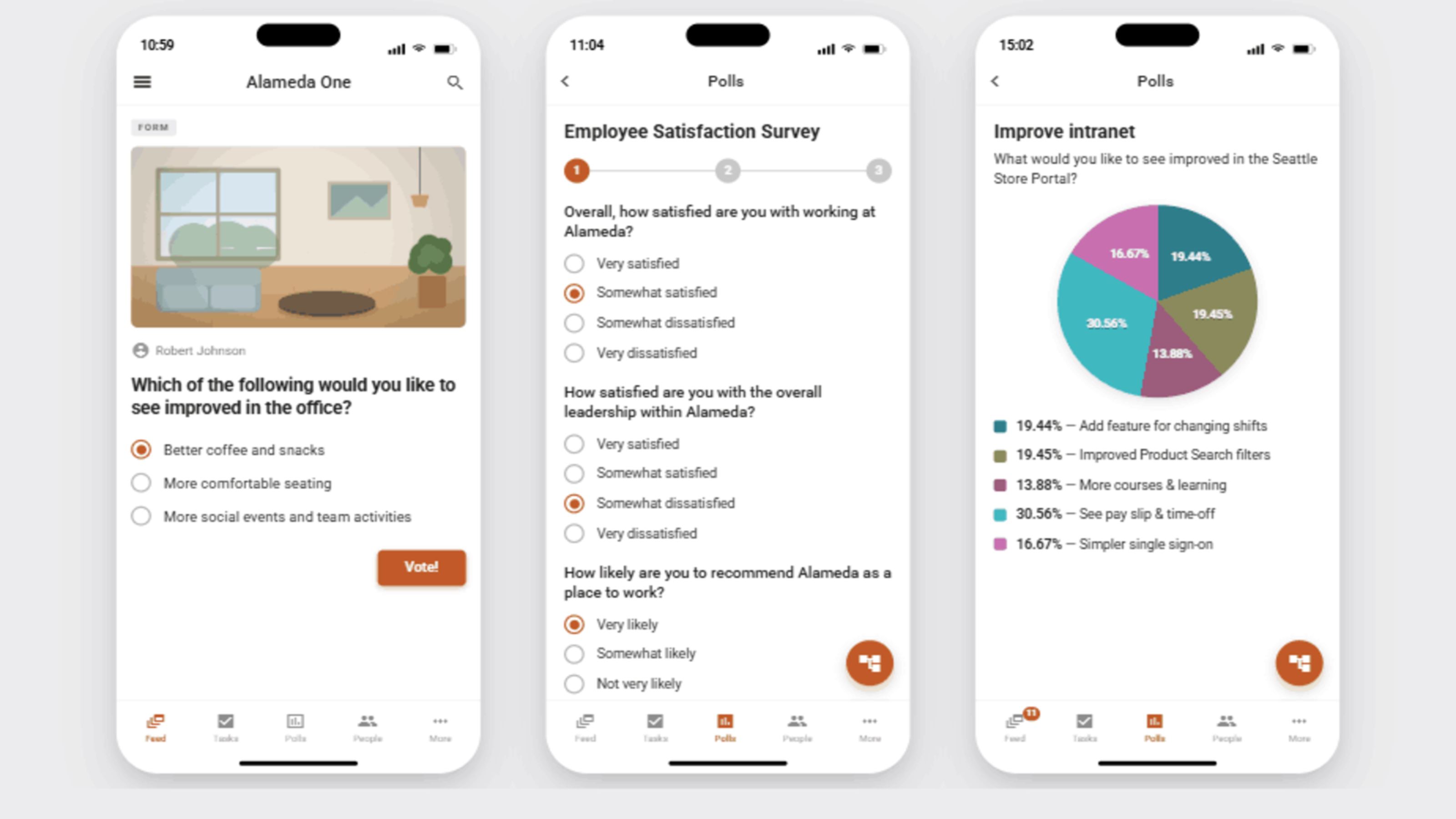 Screenshot of a frontline intranet app displaying an employee poll, a satisfaction survey, and a segmented results chart.
