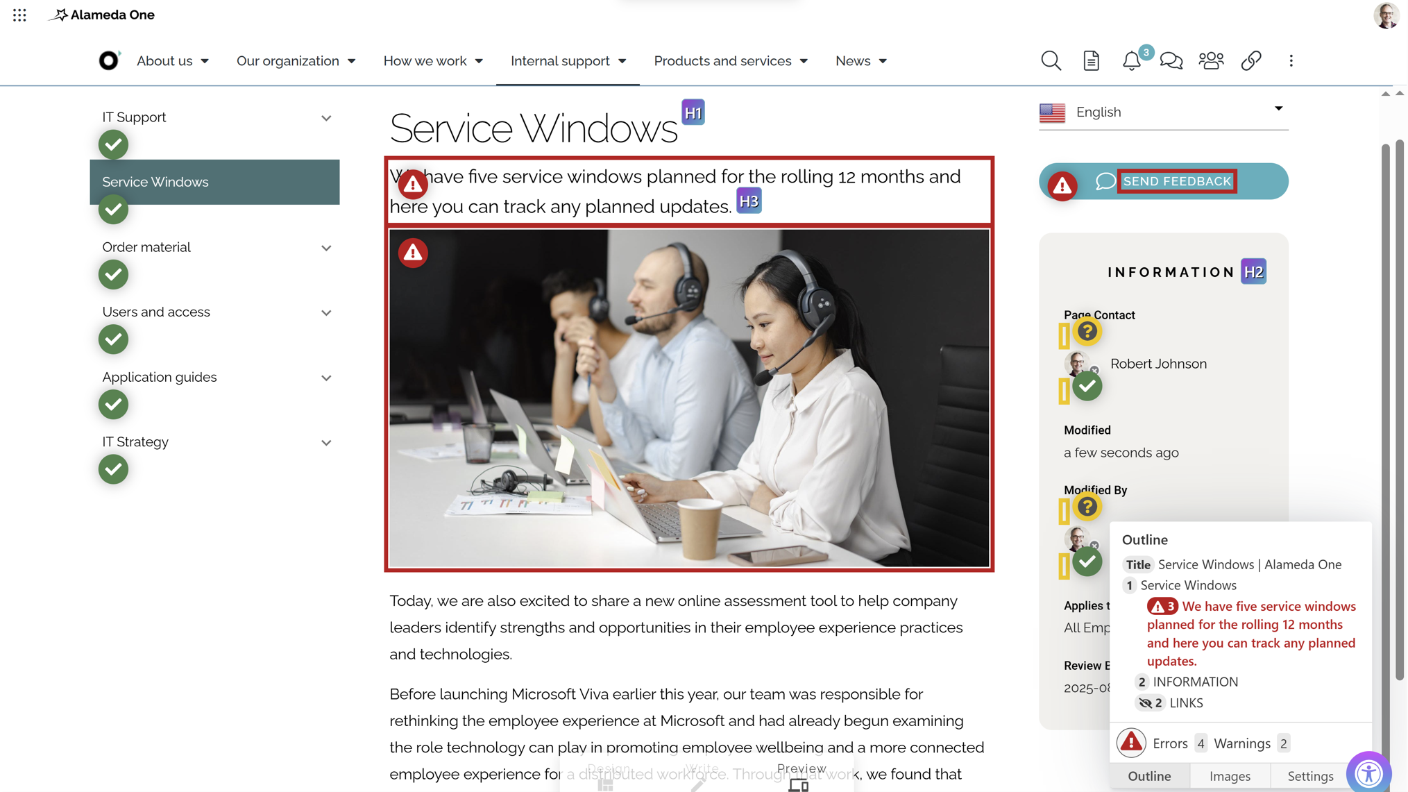 Intranet communication idea showing an accessibility checker used to validate intranet pages against WCAG 2.2 guidelines.