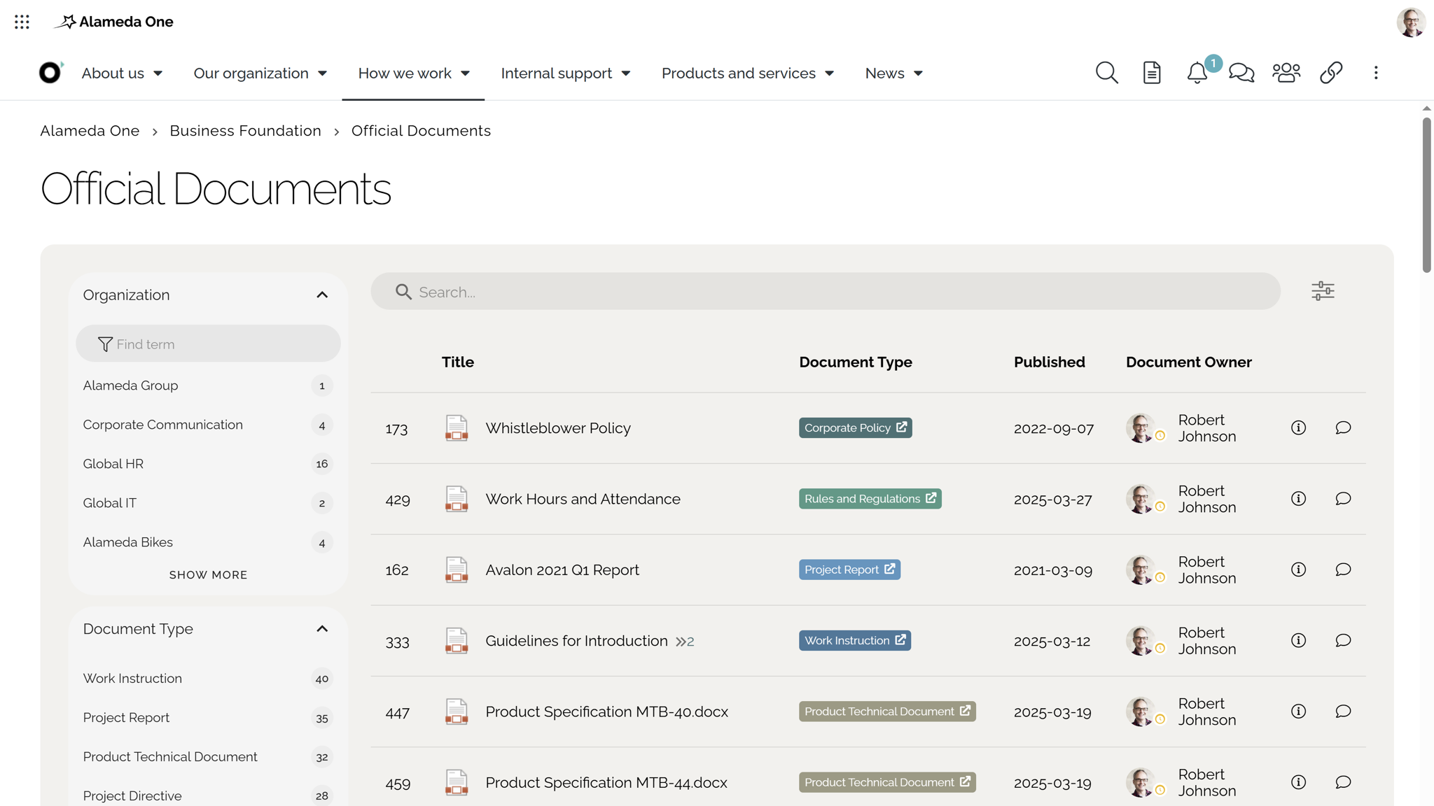 QMS Microsoft 365 Example: Controlled document rollup with search filters and version tracking in a quality management system in Microsoft 365.