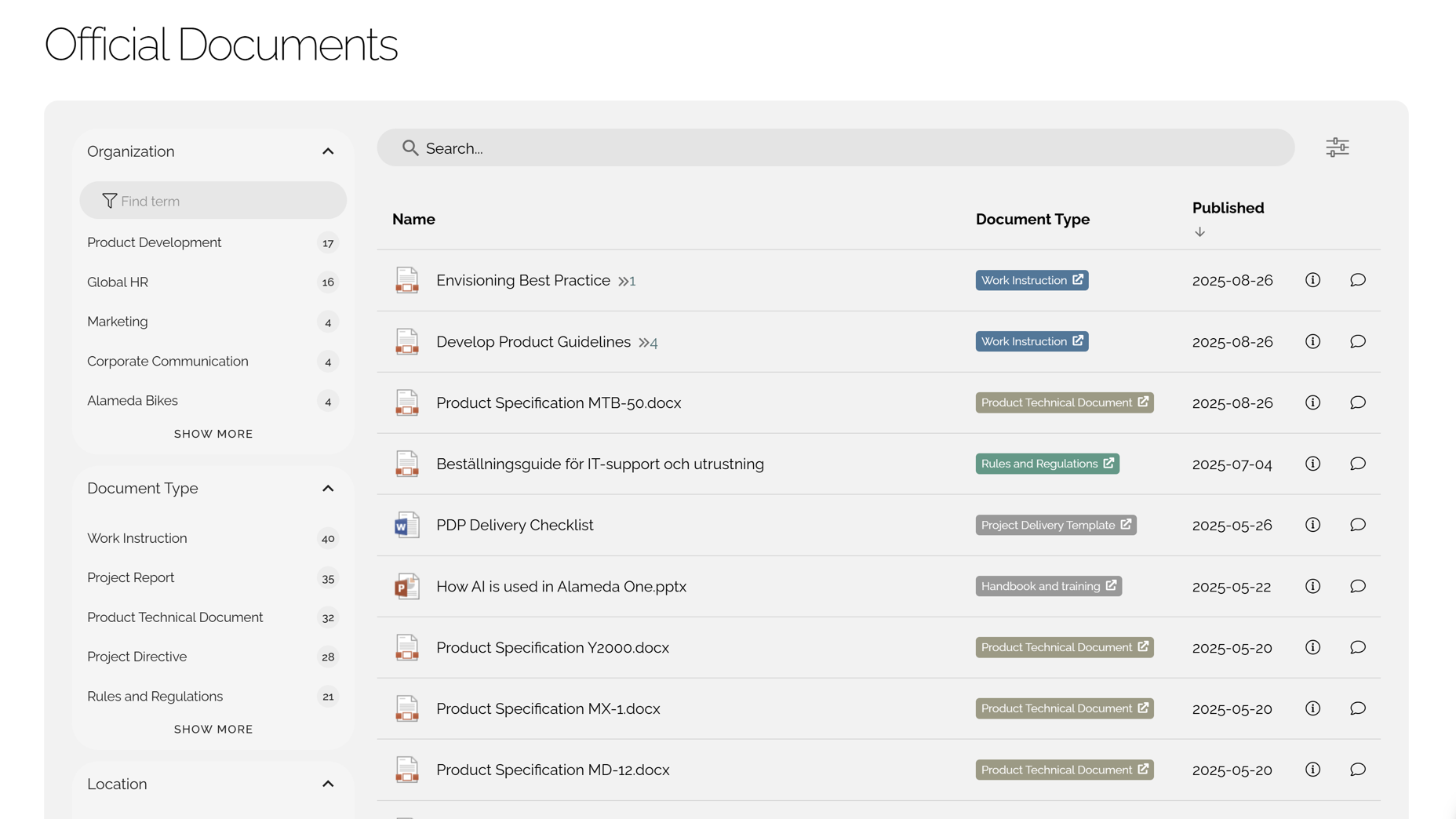 Intranet site document center with search, filters, and compliance features for secure content management.