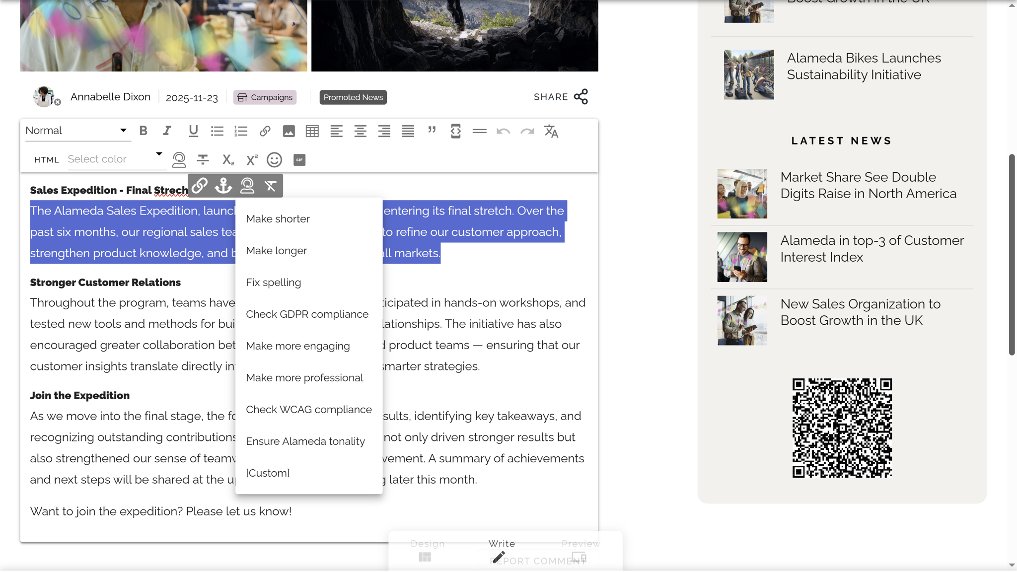 AI Intranet Content Management: Configurable prompts can help publishers improve text quality, tonality, GDPR compliance and more.