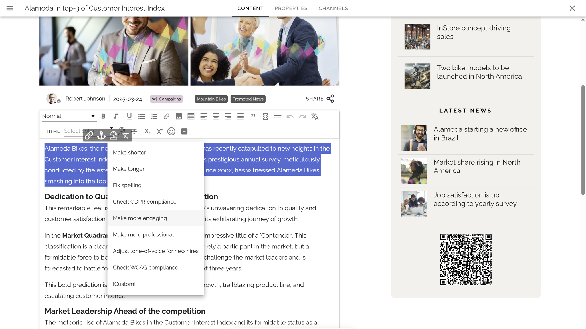 Internal communication intranet using AI tools to ensure consistent tone and alignment with company values.