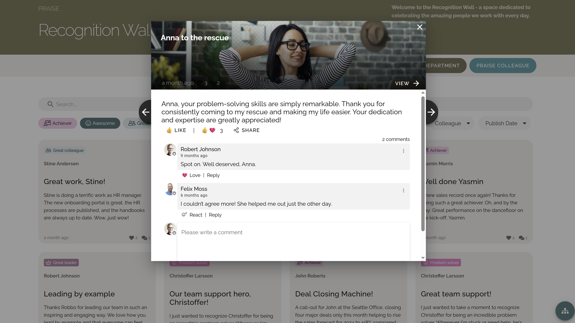 Intranet content ideas example featuring a colleague praise post on the intranet.