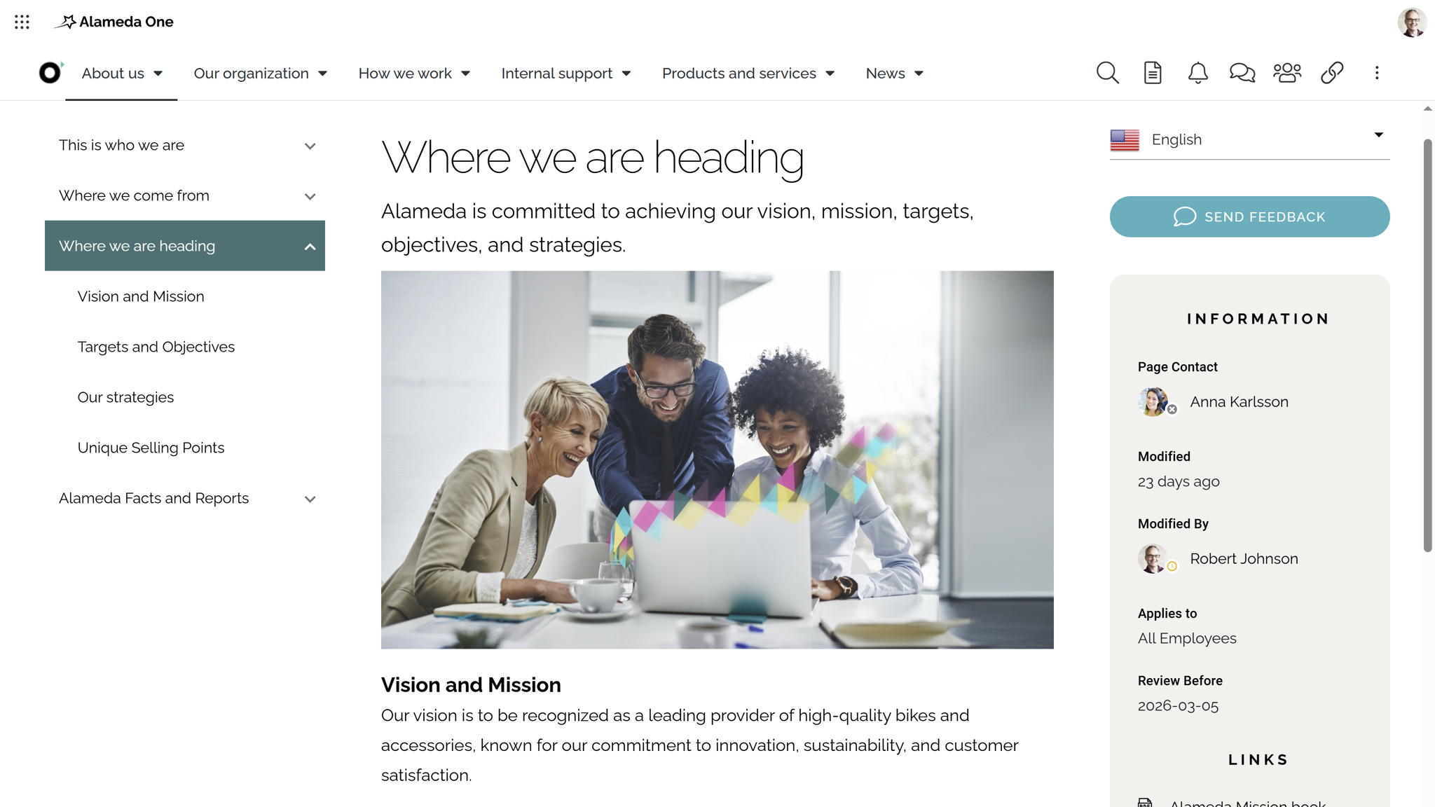 Intranet benefits for organizational alignment displayed through a section highlighting company vision, mission, and strategic goals.