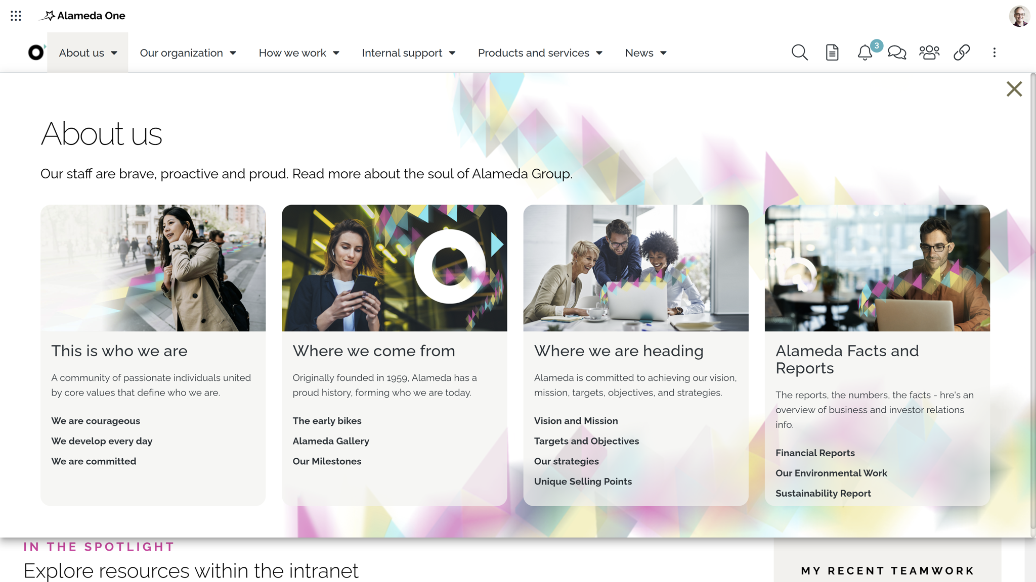 Intranet UX Example: Visual mega menus simplify navigation and improve usability across the intranet.