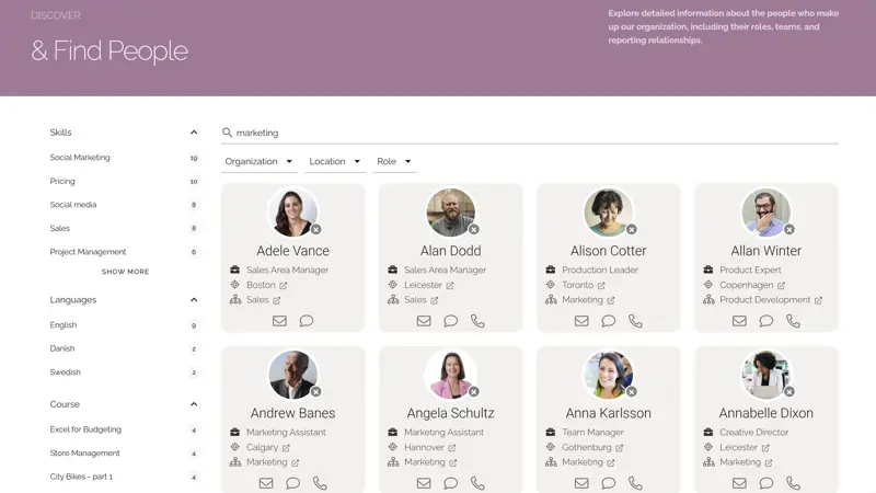 Custom intranet application interface for finding employees by name, role, or department.