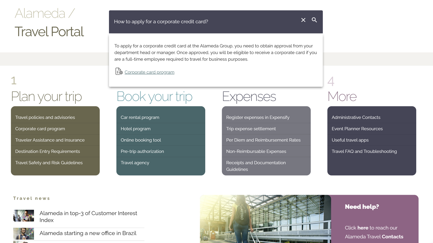Travel Portal view with AI-driven search results and on-page navigation to help users find services like expense reporting.
