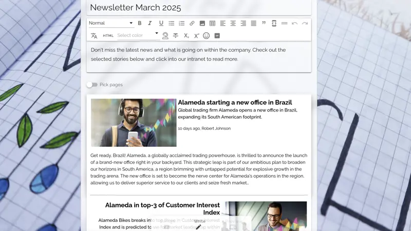 Intranet communication example illustrating newsletter creation to extend intranet communication beyond regular users.