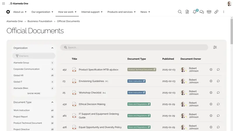 Intranet CMS Example: advanced document search with filters and refiners for compliance and efficiency.