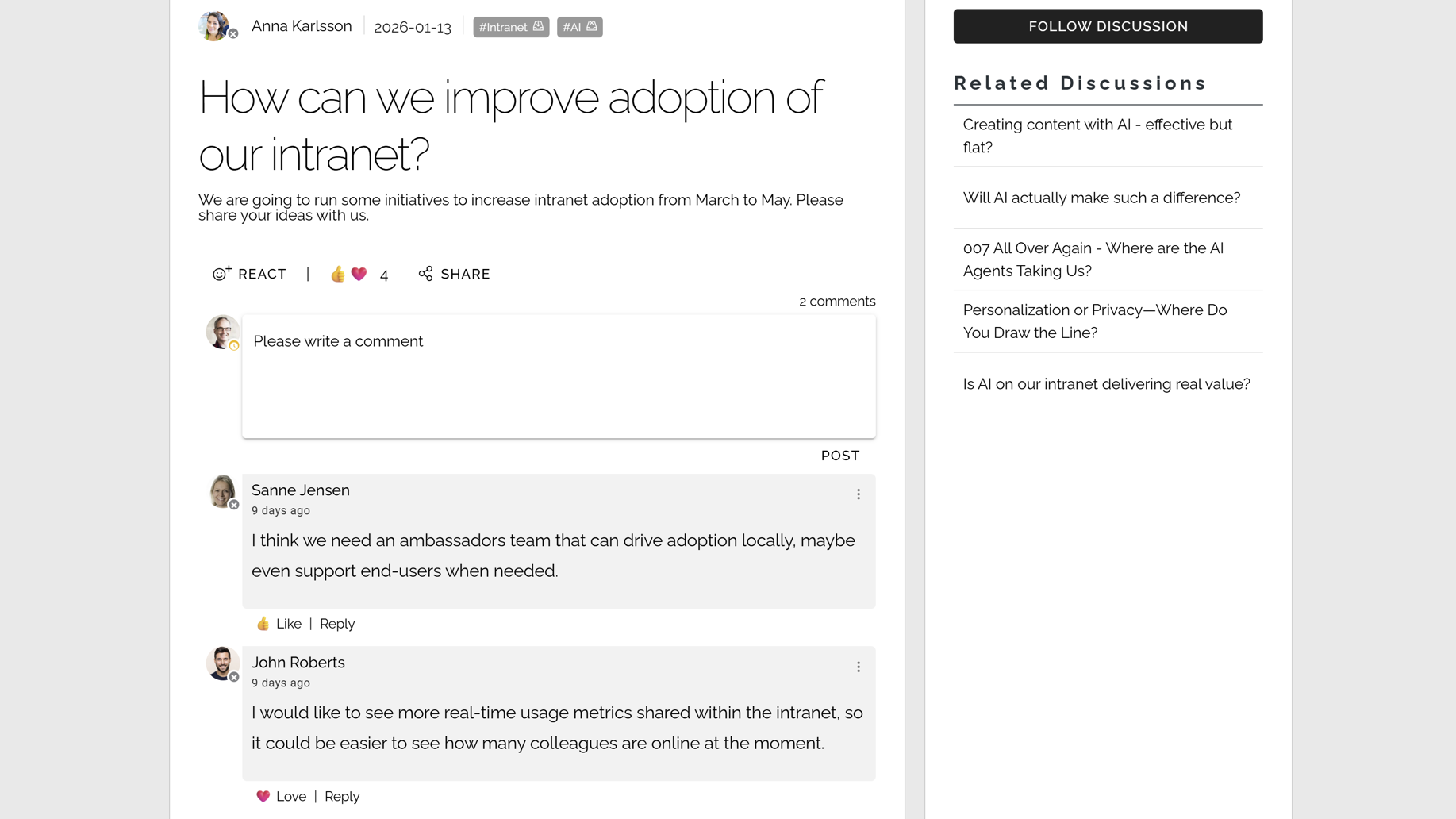 Leadership development intranet community where managers share insights, challenges, and leadership experiences