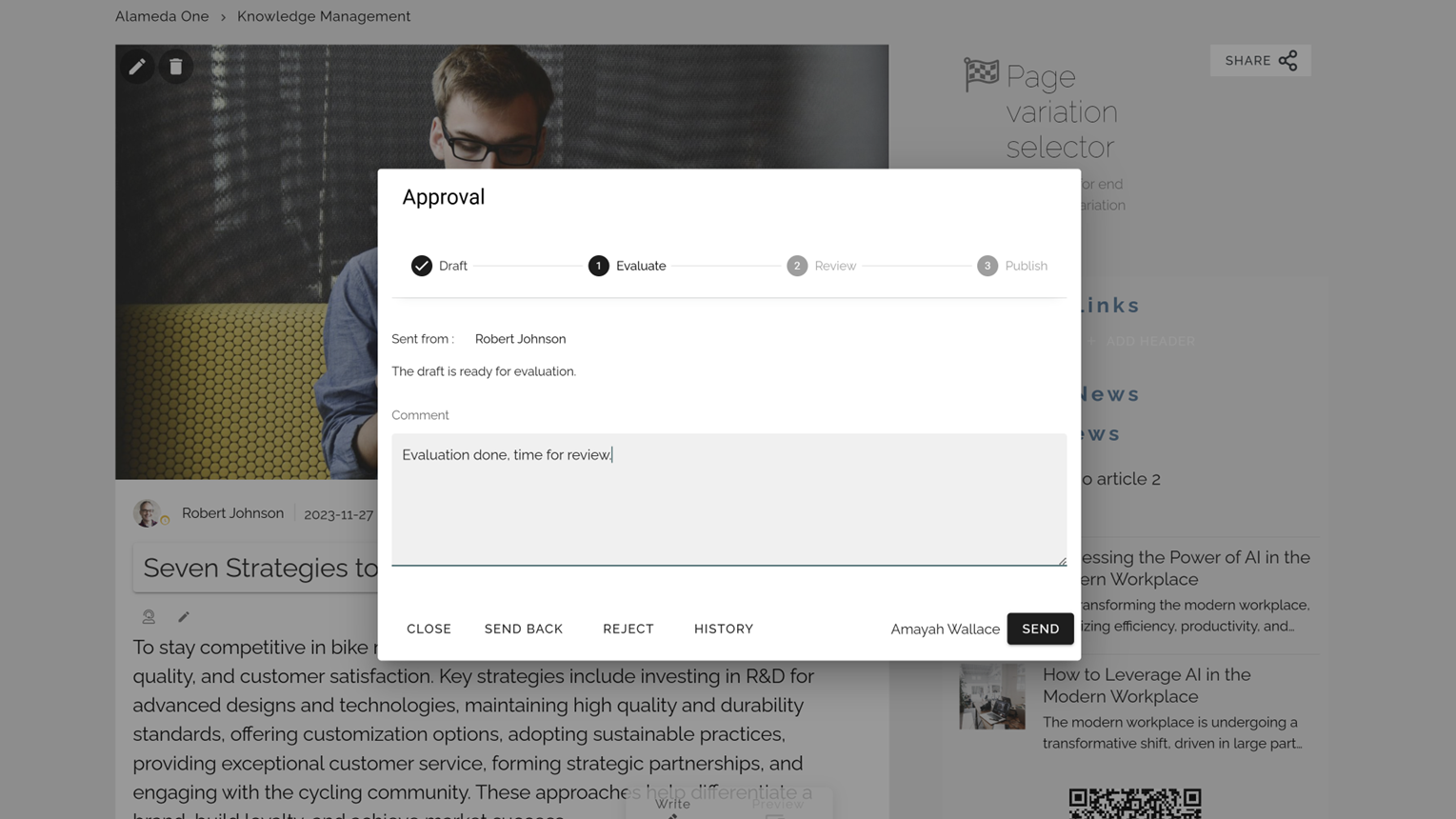 Intranet for Government Example: multi-step page approval workflow demonstrating content governance and compliance within a modern government intranet solution.