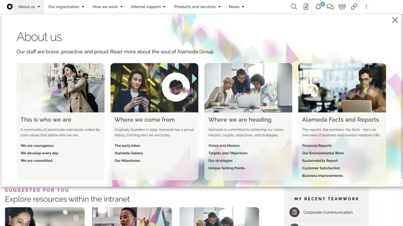 Visual megamenu in a modern intranet improving employee experience through clear navigation and fast access to information.